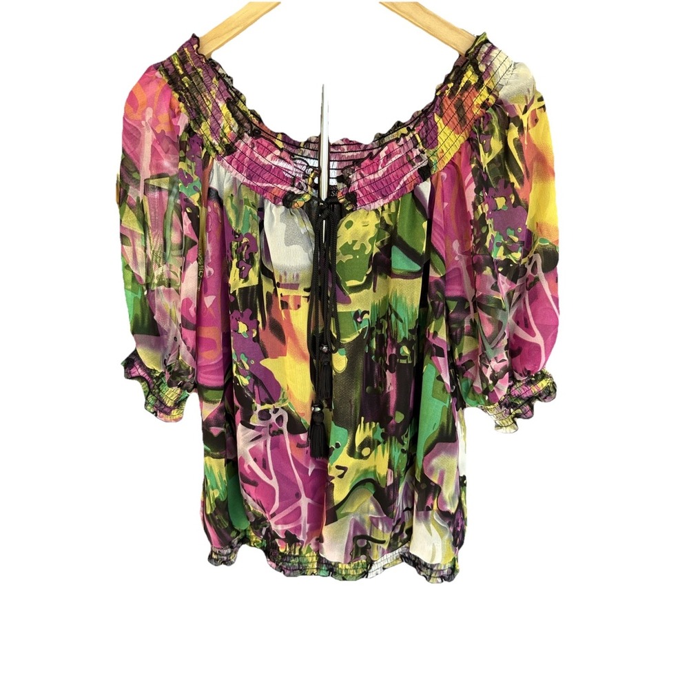 Simply French Abstract Floral Smocked Off Shoulder Blouse Tassel Bead Small